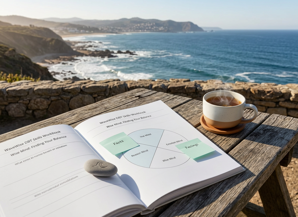 A close-up of a DBT skills workbook open to a "Wise Mind" exercise, printed in clean, modern typography on crisp white paper. The pages are marked with pastel sticky notes in seafoam green and soft blue, echoing the "WaveWise" identity. A smooth river stone, engraved with a subtle wave symbol, rests as a placeholder on the margin. The book lies on a textured, light linen surface with a ceramic mug of herbal tea slightly out of focus in the background. Soft overhead daylight creates clear but gentle shadows, emphasizing the text and textures. Photographic realism, captured at a slight diagonal with shallow depth of field. The atmosphere is focused, structured, and reassuring, highlighting the practicality of DBT-informed tools.