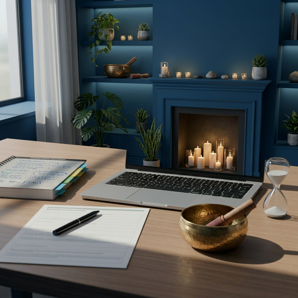 An open laptop on a tidy, light-wood desk displaying a calm abstract wave pattern in teal and navy on the screen, symbolizing online DBT-informed therapy sessions. Surrounding the laptop are neatly arranged therapy tools: a structured notebook with color-coded tabs, a pen resting diagonally across a DBT skills worksheet, and a small sand timer with fine white sand mid-flow. Soft daylight from a nearby window washes the scene in diffused, neutral tones, creating gentle shadows. Photographic realism, shot from a slightly elevated angle, with the laptop in sharp focus and the background softly blurred. The mood is organized, professional, and quietly hopeful, reflecting structured yet compassionate online support.