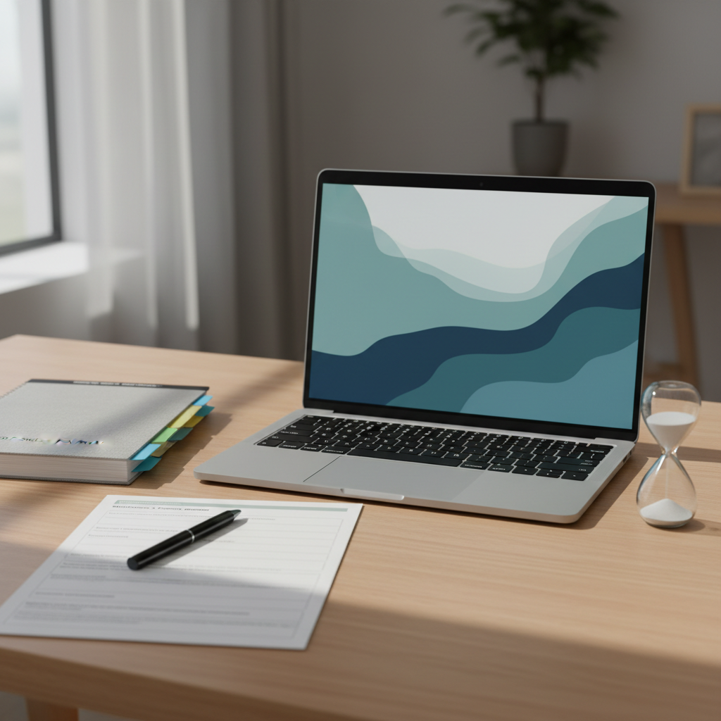 An open laptop on a tidy, light-wood desk displaying a calm abstract wave pattern in teal and navy on the screen, symbolizing online DBT-informed therapy sessions. Surrounding the laptop are neatly arranged therapy tools: a structured notebook with color-coded tabs, a pen resting diagonally across a DBT skills worksheet, and a small sand timer with fine white sand mid-flow. Soft daylight from a nearby window washes the scene in diffused, neutral tones, creating gentle shadows. Photographic realism, shot from a slightly elevated angle, with the laptop in sharp focus and the background softly blurred. The mood is organized, professional, and quietly hopeful, reflecting structured yet compassionate online support.