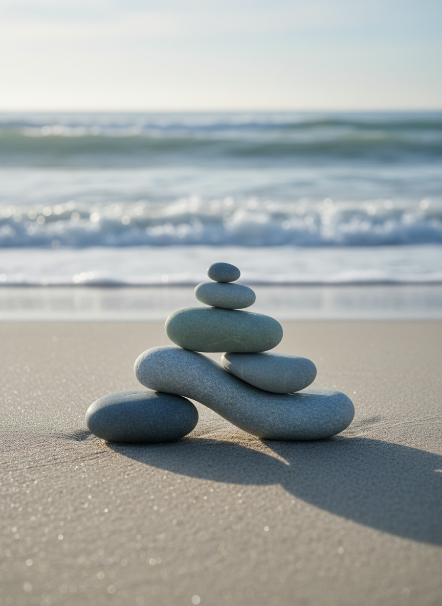 A minimalist shoreline scene representing emotional balance, featuring a smooth, wave-shaped stack of polished sea stones in cool grays and soft blues, perfectly aligned on a pale sand surface. In the background, the ocean is gently blurred, with small, rhythmic waves suggesting the "WaveWise" theme. Soft morning coastal light creates subtle reflections on the wet stones and delicate shadows in the sand. Photographic realism, shot at eye level with shallow depth of field and a centered composition. The atmosphere is calm, professional, and reassuring, evoking stability and mindful regulation, ideal for a DBT-informed online therapy homepage hero image.