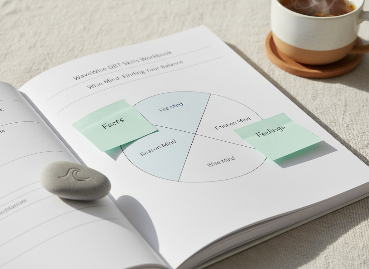 A close-up of a DBT skills workbook open to a "Wise Mind" exercise, printed in clean, modern typography on crisp white paper. The pages are marked with pastel sticky notes in seafoam green and soft blue, echoing the "WaveWise" identity. A smooth river stone, engraved with a subtle wave symbol, rests as a placeholder on the margin. The book lies on a textured, light linen surface with a ceramic mug of herbal tea slightly out of focus in the background. Soft overhead daylight creates clear but gentle shadows, emphasizing the text and textures. Photographic realism, captured at a slight diagonal with shallow depth of field. The atmosphere is focused, structured, and reassuring, highlighting the practicality of DBT-informed tools.