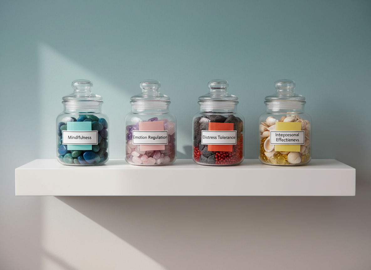 A set of four glass jars arranged in a neat row on a clean white shelf, each labeled with simple black text: "Mindfulness", "Emotion Regulation", "Distress Tolerance", and "Interpersonal Effectiveness". Inside each jar are small, color-coordinated tokens and folded cards, symbolizing DBT skills and strategies. The background is a soft gradient wall in muted teal and gray tones, subtly suggesting ocean hues. Natural side lighting from the left creates gentle reflections on the glass and soft shadows on the shelf. Photographic realism, composed using the rule of thirds with sharp focus throughout. The mood is organized, educational, and calm, visually conveying structure and clarity in DBT skill areas for a professional therapy site.